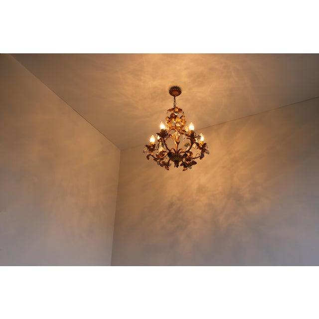 Italian Tôle Chandelier with Ceramic Roses and Crystal Pendants, 1950s For Sale - Image 9 of 13