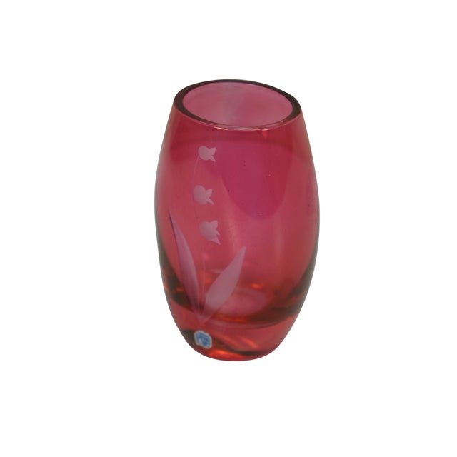 Swedish Johansfors Bohemian / boho Cranberry LysterVas glass Lily of the Valley bud vase. Dimensions: 2.25" x 2" x 4"...