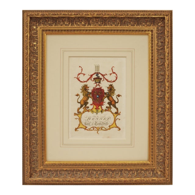 Bennet Antique Armorial Engraving Earl of Tankerville Coat of Arms Hand Colored Matted Framed For Sale