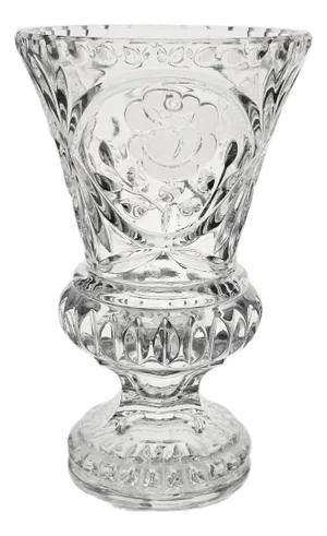 Cut Crystal Footed Vase With Etched Floral Medallion and Pinched Rim Detailing