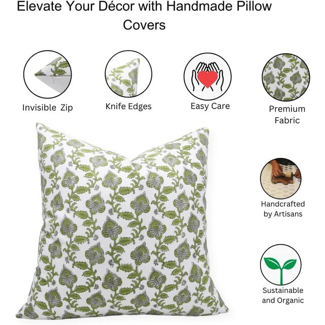 Fabdivine Handmade Block Printed Cushion Cover 24x24 Inch Thick Cotton White-Madhubala For Sale - Image 4 of 4