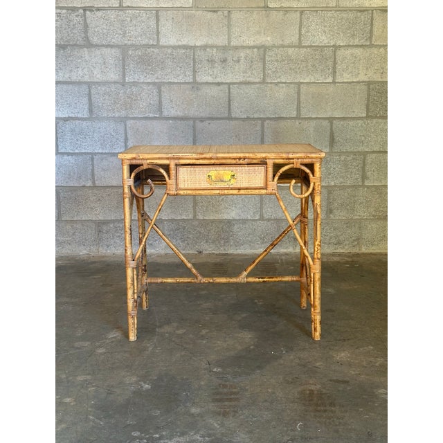 1970s 1970s British Colonial Style Burnt Bamboo, Cane, and Rattan Desk or Console For Sale - Image 5 of 12