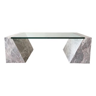 Vintage 1980s Postmodern Marble Stone and Glass Coffee Table For Sale