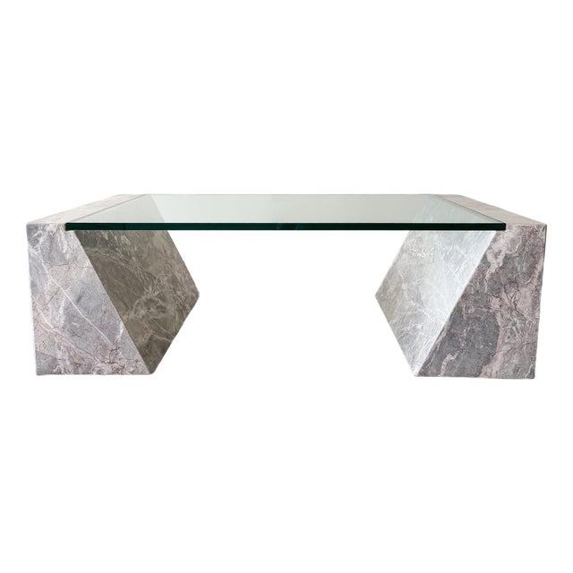 Vintage 1980s Postmodern Marble Stone and Glass Coffee Table For Sale