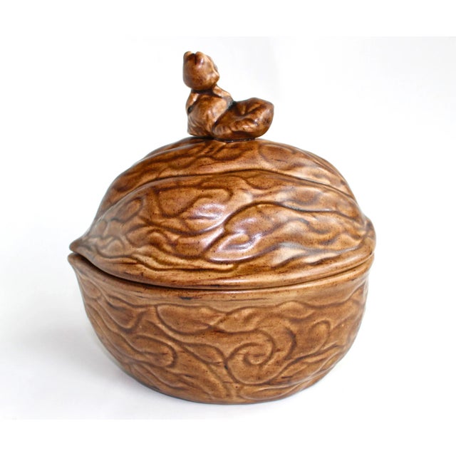 Studio pottery ceramic covered dish signed by artist. Cabin, Nature, Lake House, Boho decor, walnut shape with squirrel.