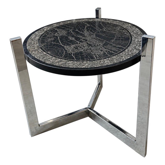 Etched Slate and Chrome Magellan World Map Side/End Table, 1970 For Sale