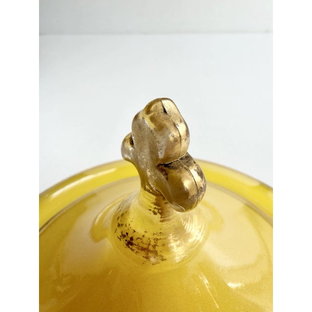 Early 20th Century Art Deco Glass Pedestal Compote or Candy Dish Yellow With Gold Trim, Fleur-De-Lis Handle For Sale - Image 10 of 16