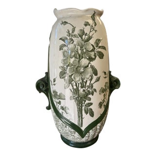 Antique 19th Century English Royal Doulton England Ceramic Porcelain Umbrella Stand Green Foliage and Flowers For Sale