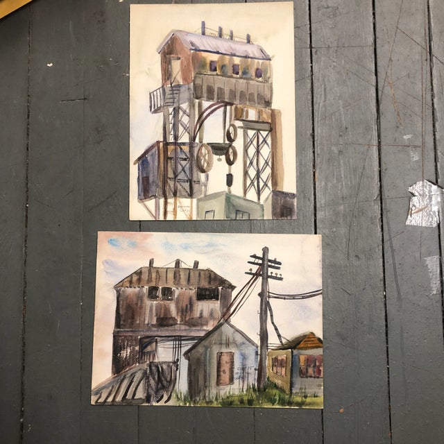 Gallery Wall Collection Vintage Industrial Watercolor Paintings - a Pair For Sale In Philadelphia - Image 6 of 6