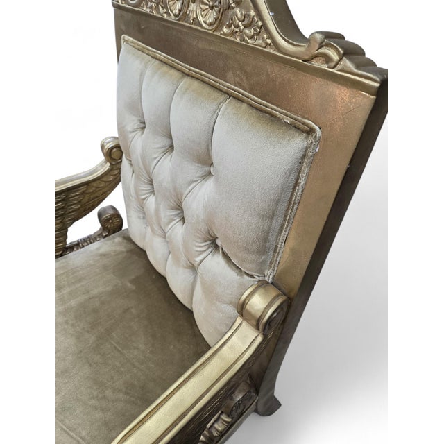 Wood Vintage Neoclassical Empire Swan Arm Giltwood Lounge Chairs Newly Reupholstered - Pair For Sale - Image 7 of 8