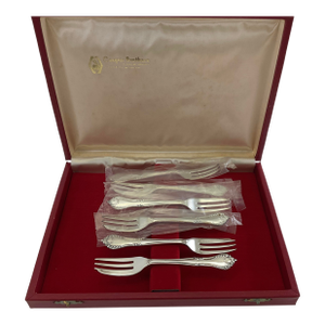 1980s Silver Set of 6 Pastry Forks , Chesterfiel with Storage