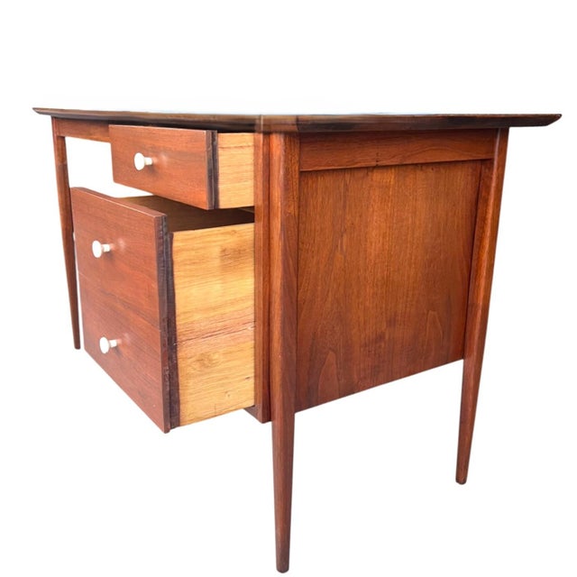 Mid-Century Modern Walnut Desk With White Laminate Top – Restored Vintage Writing Table For Sale In Los Angeles - Image 6 of 12