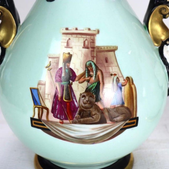 French Pair Large Hand Painted & Gilt Old Paris Porcelain Egyptian Revival Vases C1880 For Sale - Image 3 of 10