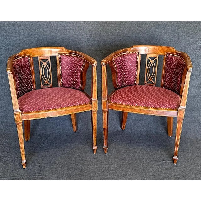 1900 - 1909 Fine Antique Edwardian Inlay Mahogany Upholstered Club Chairs With Brass Tacks, a Pair C.1900 For Sale - Image 5 of 9
