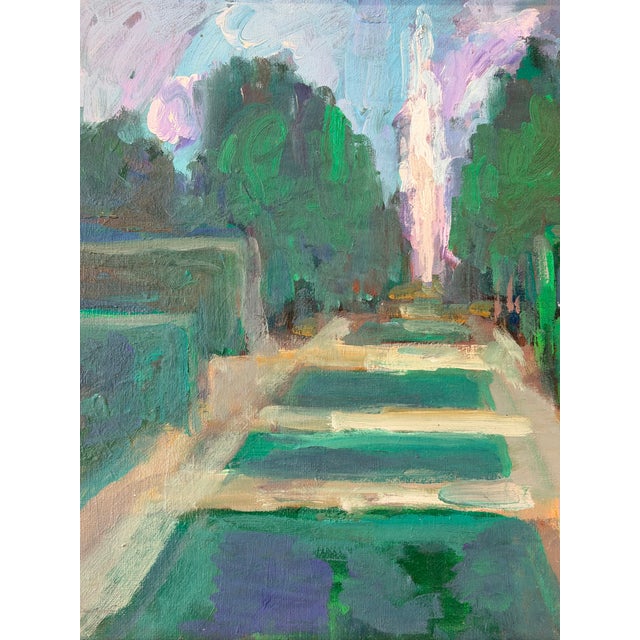 A lyrical and atmospheric French garden landscape dating to the 1940s, rendered in oil on board and depicting a formal...