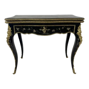 French Mid 19th Century Console Game Table in Black Lacquer and Painted With Small Colored Flowers