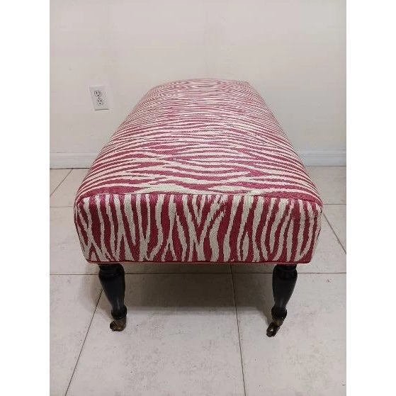1980s 1980s Upholstered Zebra Print Ottoman Bench Red and White Pattern Dark Wood Legs For Sale - Image 5 of 6
