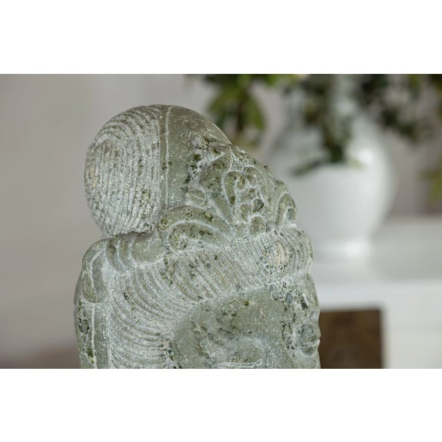 Hand-Carved Vintage Chinese Stone Quán Yīn Head Sculpture with Natural Patina For Sale - Image 10 of 12