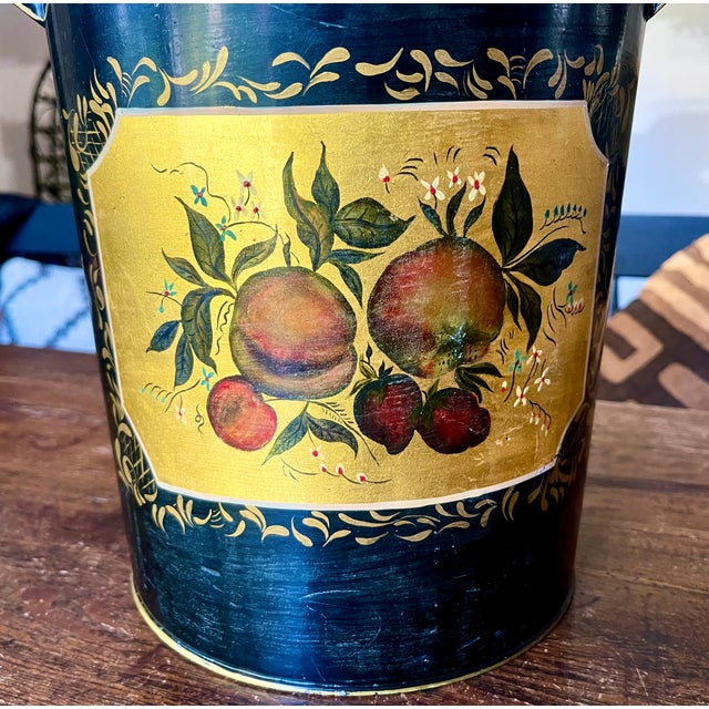 Early 20th Century English Traditional Black Tole Decoupage and Stenciled Two Handle Pail For Sale - Image 5 of 11