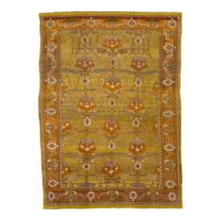 Vintage Arts and Crafts Style Golden Ochre Wool Rug With Stylized Floral Motif For Sale