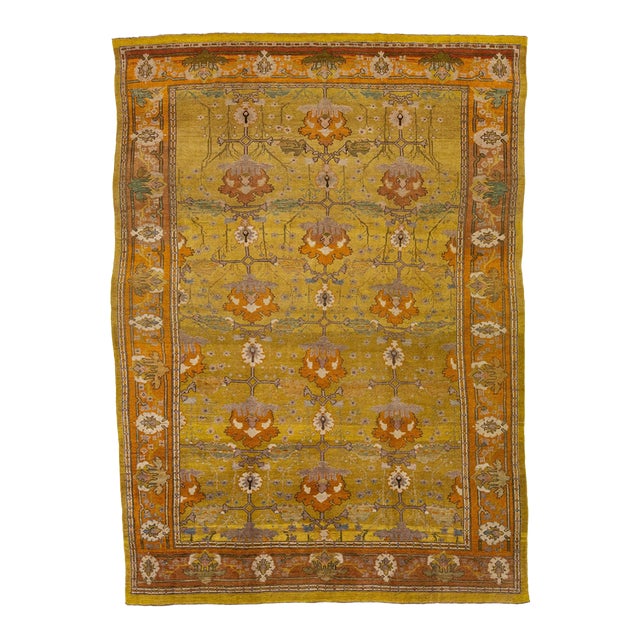 Vintage Arts and Crafts Style Golden Ochre Wool Rug With Stylized Floral Motif For Sale