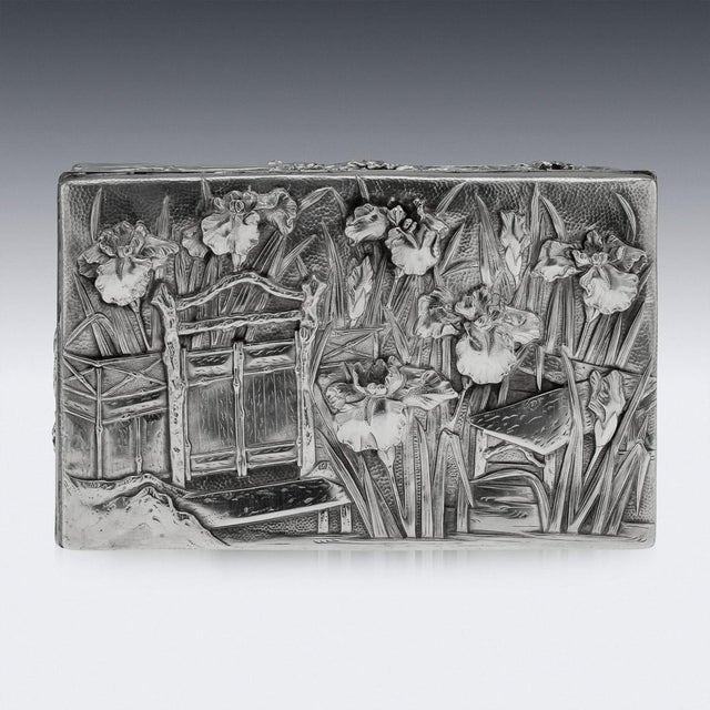 Antique Meiji Japanese Silver Iris Flower Cigar Box by Zuan, 1900 For Sale - Image 9 of 18