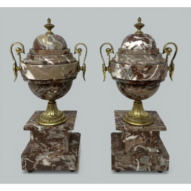 Late 19th Century Pair French Regency Style Rosso Levano Marble Gilt Bronze Ormolu Urns Vases 19Ct For Sale - Image 5 of 9