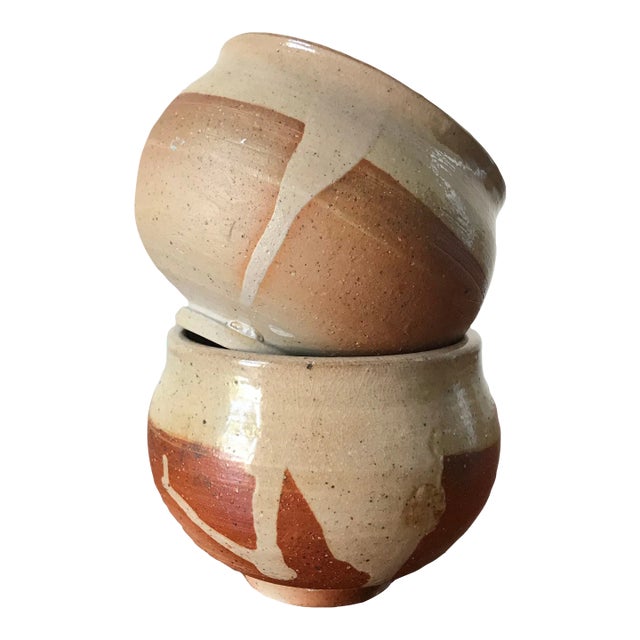 Vintage Studio Signed Pottery Drippy Glaze Tea Cup or Bowls - Pair For Sale