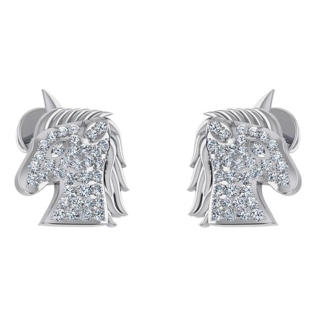 10K White Gold Round Diamond Horse Animal Designer Stud Earring 1/5 Cttw, A Pair For Sale