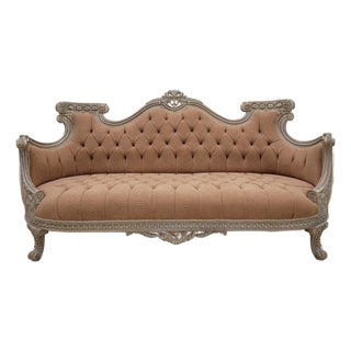 Vintage French Rococo Sofa – Tufted Louis XV Style Couch in Textured Linen Fabric, Ornate Carved Wood Settee, Warm Terracotta For Sale