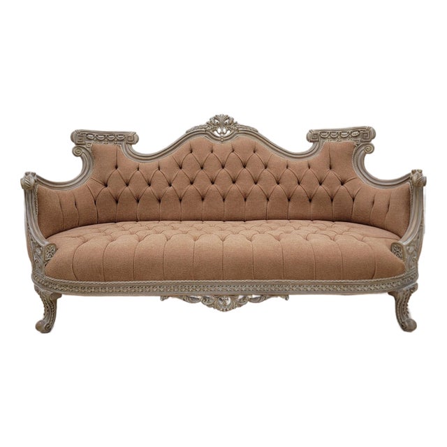 Vintage French Rococo Sofa – Tufted Louis XV Style Couch in Textured Linen Fabric, Ornate Carved Wood Settee, Warm Terracotta For Sale