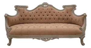 Vintage French Rococo Sofa – Tufted Louis XV Style Couch in Textured Linen Fabric, Ornate Carved Wood Settee, Warm Terracotta