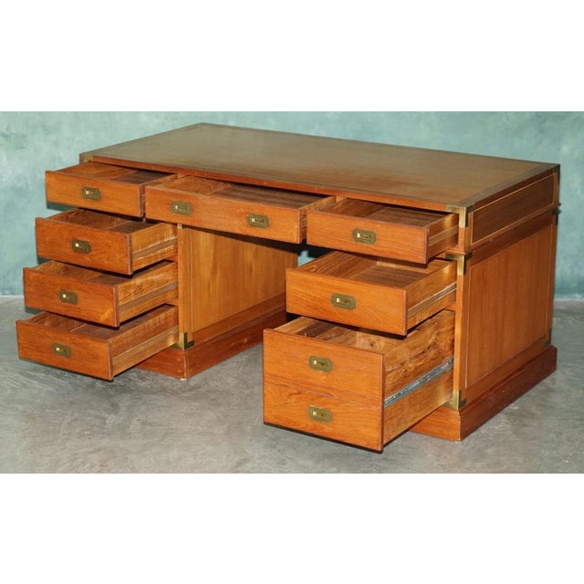 Vintage Teak & Brass Military Campaign Pedestal Desk from Harrods Kennedy For Sale - Image 13 of 16
