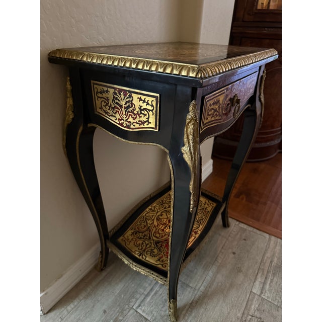 Vintage French Boulle-Style Black Lacquer & Gilt Side Table With Drawer For Sale - Image 9 of 9