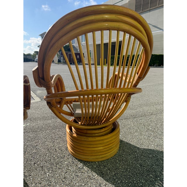 Vintage Rattan Swivel Rocker Lounge Chairs and One Ottoman Set For Sale - Image 14 of 18