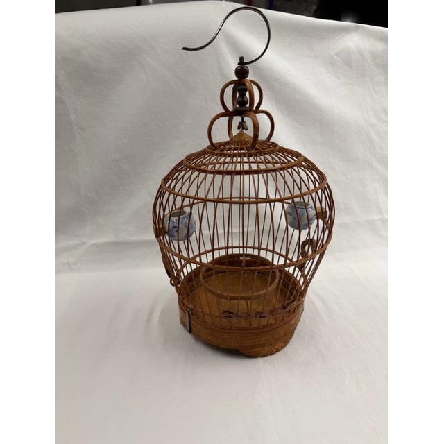 Almond 1980's Asian Bamboo Birdcage With Ceramic Feeders For Sale - Image 8 of 10