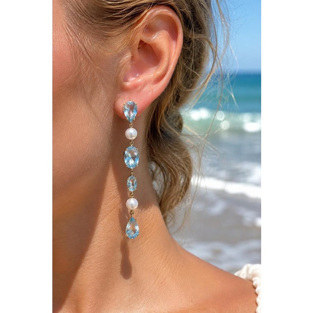 Metal Topaz & Pearl Drop Multi-Shape Earrings, Silver, Gold, Pair For Sale - Image 7 of 9