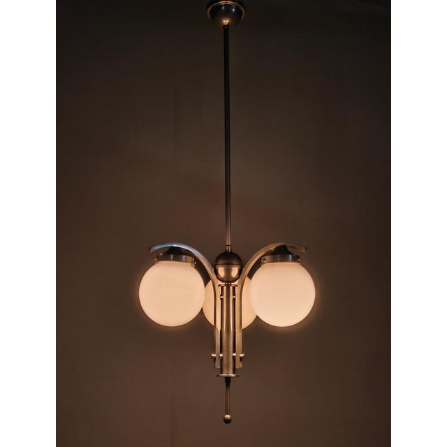 Art Deco Nickel Chandelier with Opaline Glass Globes, 1930s For Sale - Image 3 of 14
