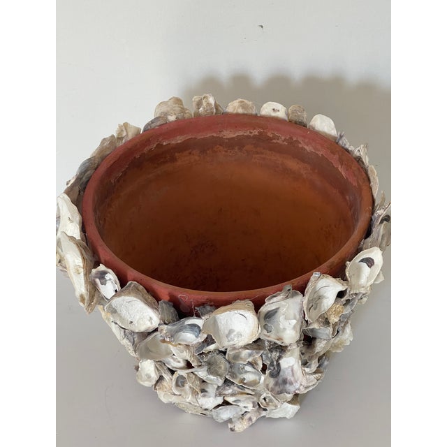 Oyster shell terracotta planter grotto style. richly encrusted vintage planter with natural oyster shells.