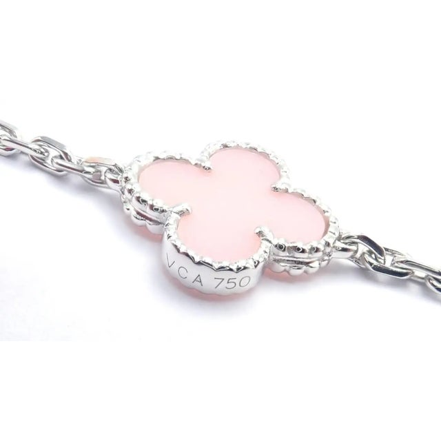 Late 20th Century Late 20th Century Van Cleef & Arpels Pink Opal Vintage Alhambra Five Motif White Gold Bracelet For Sale - Image 5 of 14
