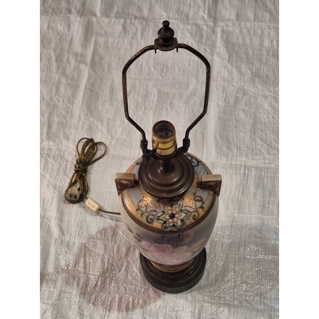 Ceramic Vintage Hand-Painted Porcelain Rose Urn Table Lamp With Ornate Metal Base For Sale - Image 7 of 7