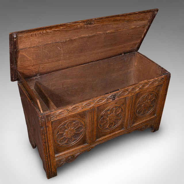 Brown Antique Linen Chest, English, Carved Oak, Coffer, Bay Window Seat, William III For Sale - Image 8 of 12