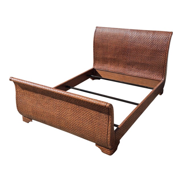 Late 20th Century British Colonial Style Wicker Sleigh Bed Frame - Queen Size For Sale