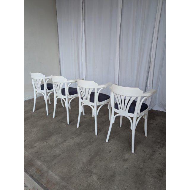 Mid-Century Modern Vintage White Bentwood Dining Chairs with Blue Fabric Seats, 1970s, Set of 4 For Sale - Image 3 of 18