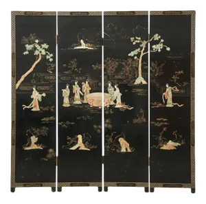 Chinese Export Four Panel Carved Soapstone Lacquered Screen