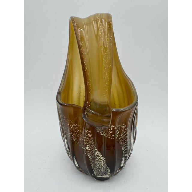 Mid-Century Modern Mid Century Murano Amber Art Glass Aventurine Gold Flecks Vase Basket Handled For Sale - Image 3 of 11