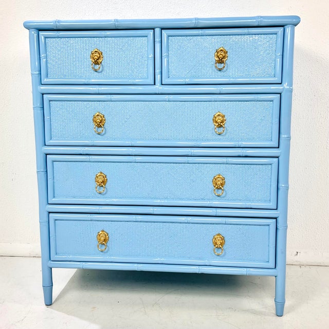 Vintage Faux Bamboo & Woven Wicker Lacquered Chest of Drawers For Sale - Image 4 of 15