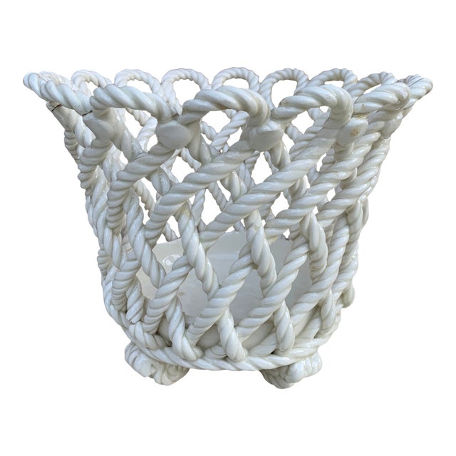 1960s French Country White Ceramic Woven Rope Cachepot Basket For Sale