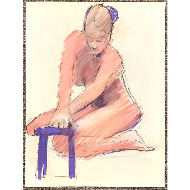 1970s female nude marker and watercolor painting by Pennsylvania artist John Reilly (1942-2021). Estate stamp verso, 10.5...