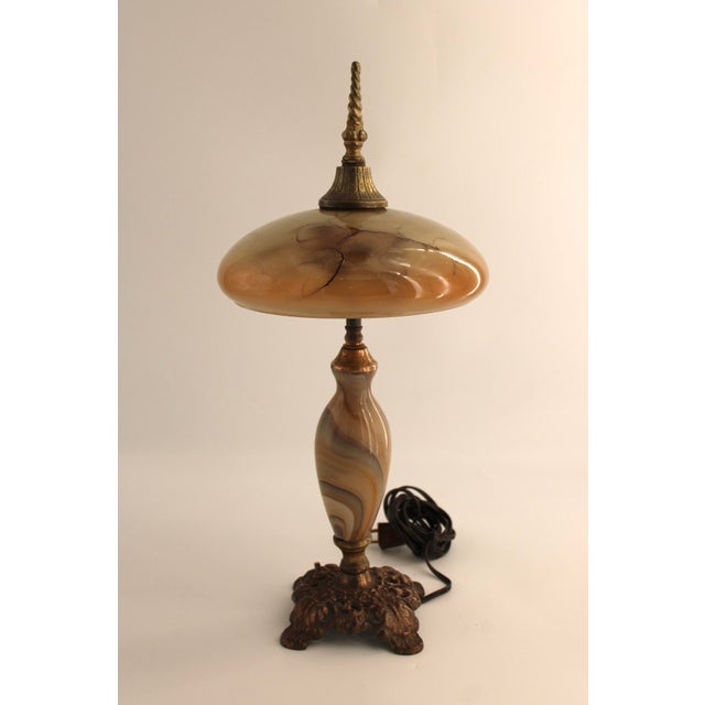 Vintage Art Nouveau Blown Glass Lamp w/ Heavy Brass Base, Caramel Slag, Houze? This lamp is gorgeous and works...